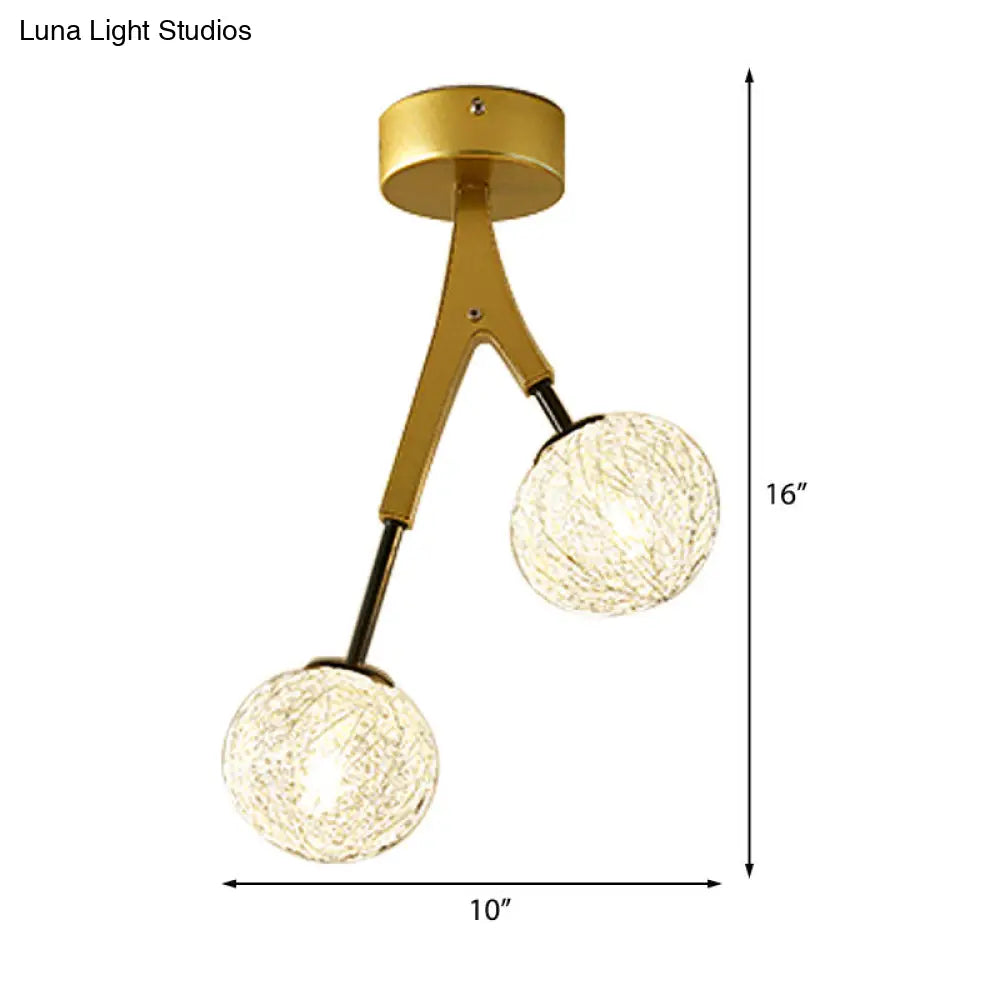 DecorBites™ DecorBites™ Gold Finish Handwoven Ball Semi Flush Light Fixture - Modern Ceiling Flush Mount