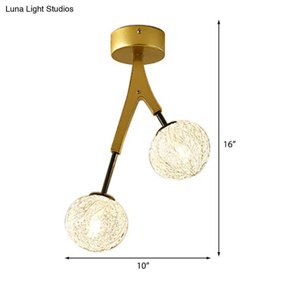 DecorBites™ DecorBites™ Gold Finish Handwoven Ball Semi Flush Light Fixture - Modern Ceiling Flush Mount