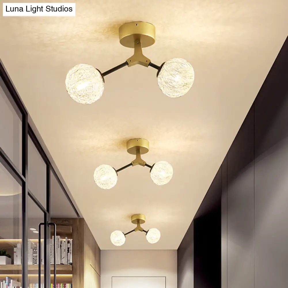 DecorBites™ DecorBites™ Gold Finish Handwoven Ball Semi Flush Light Fixture - Modern Ceiling Flush Mount