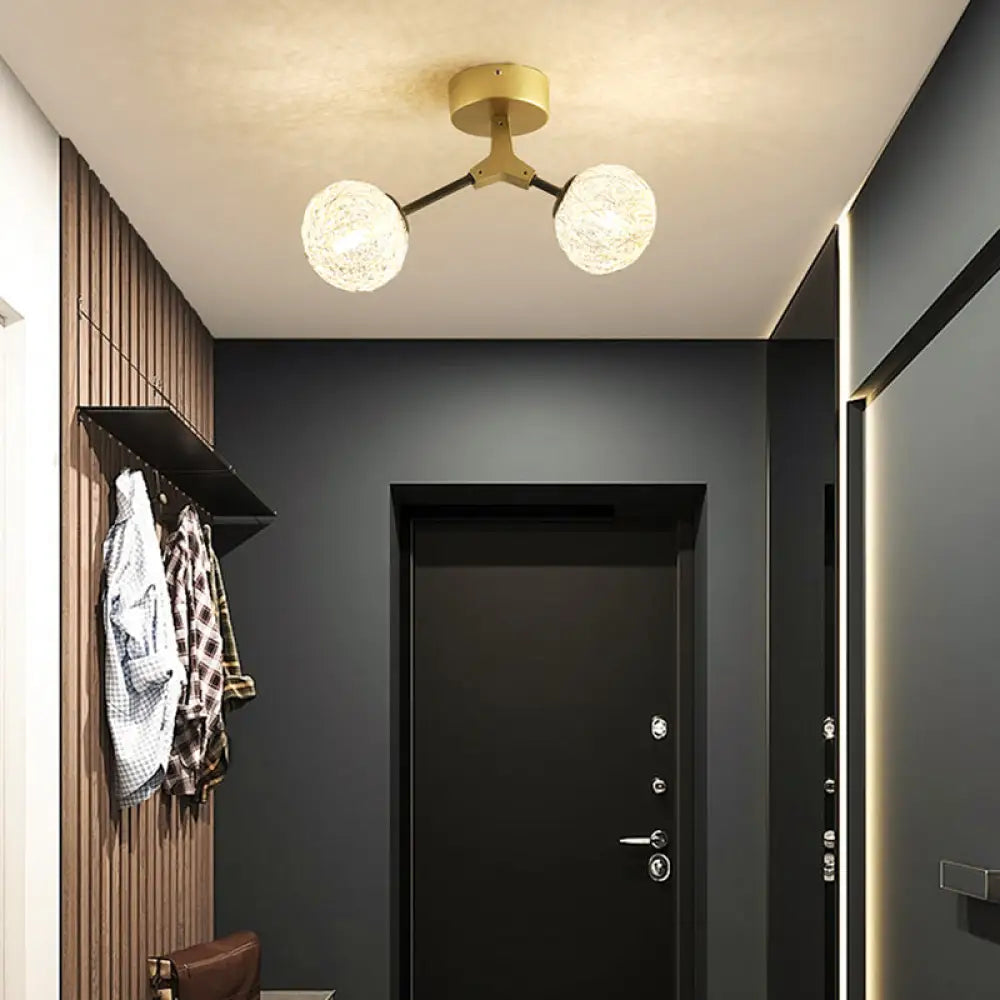 DecorBites™ DecorBites™ Gold Finish Handwoven Ball Semi Flush Light Fixture - Modern Ceiling Flush Mount