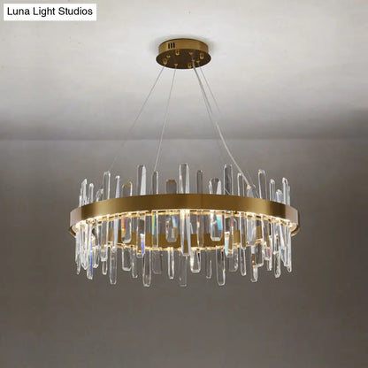Gold Finish LED Pendant Chandelier with Crystal Icicles and Stainless Steel Loop Design
