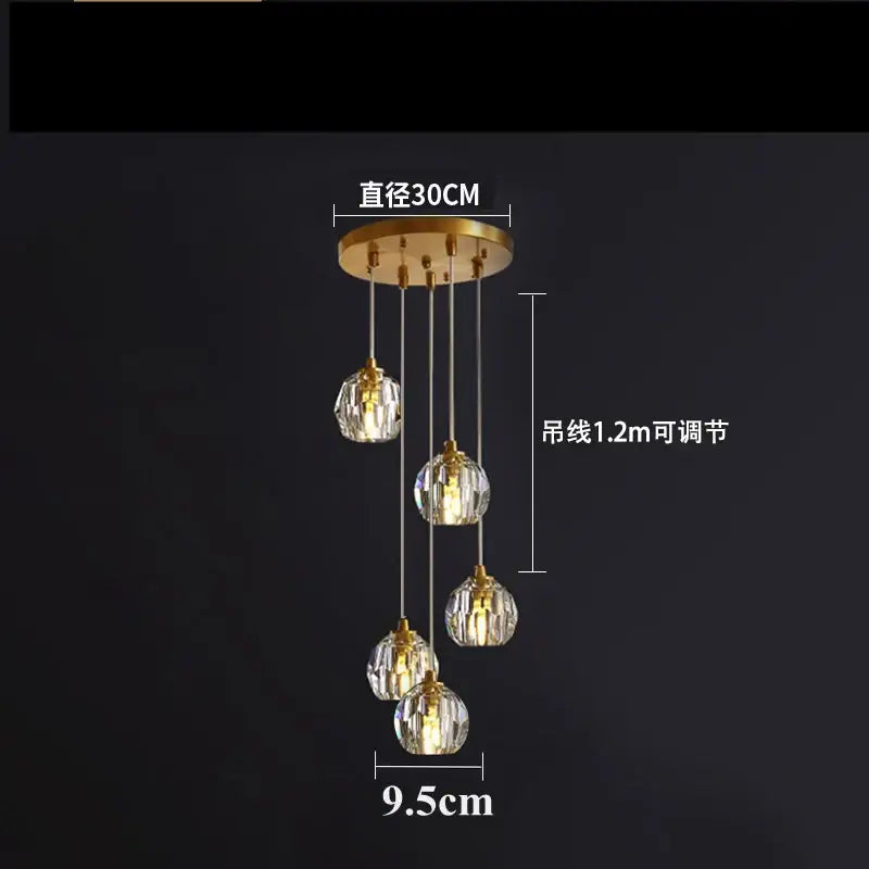 Gold five globe copper led pendant light with diamond crystal copper faceted shades for dining room lighting
