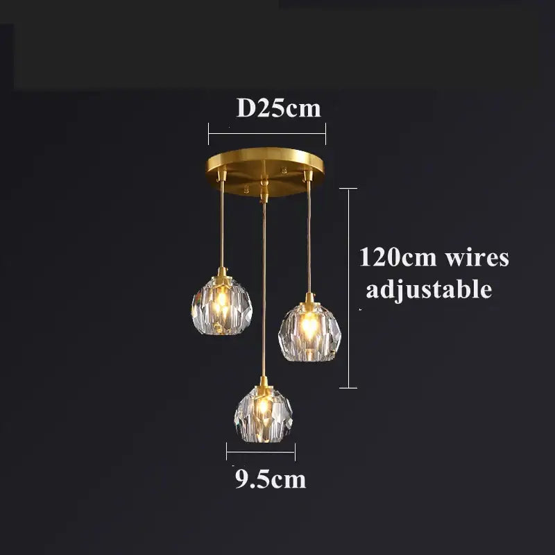 Gold-toned copper led pendant light with three diamond crystal globes for dining room illumination