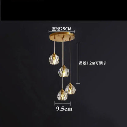 Gold five globe diamond crystal copper led pendant dining room light with gold-toned faceted crystal globe shades and adjustable chains
