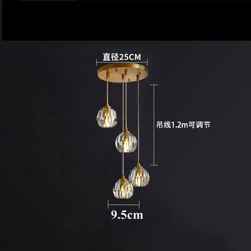 Gold five globe diamond crystal copper led pendant dining room light with gold-toned faceted crystal globe shades and adjustable chains