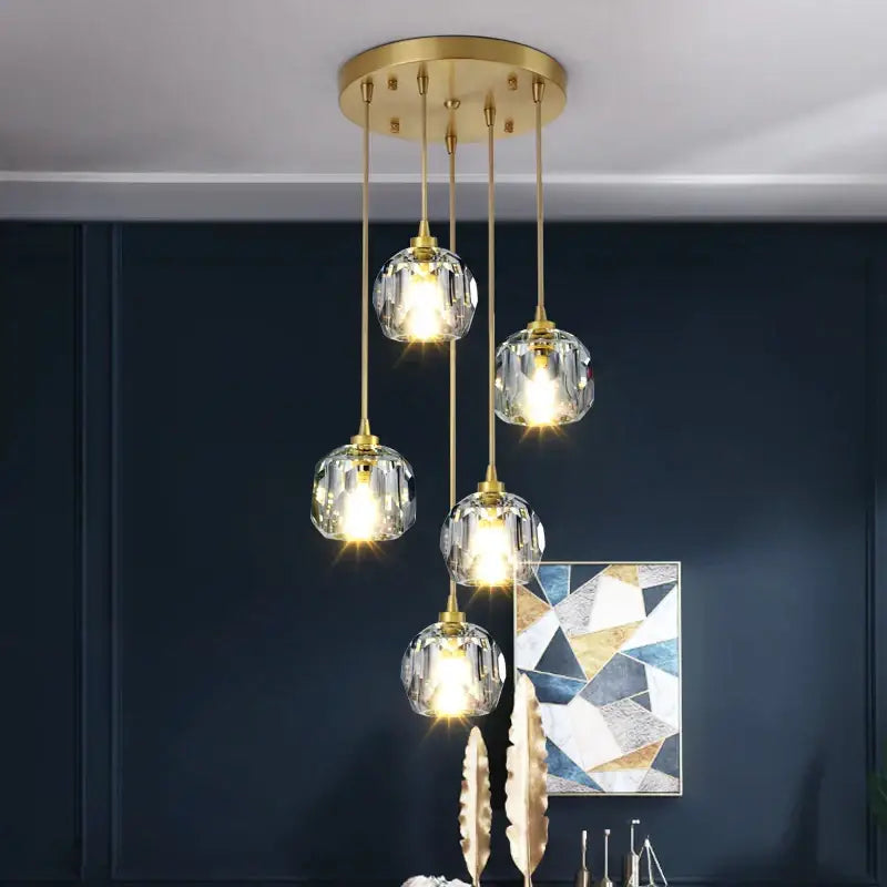 Gold five globe diamond crystal copper led pendant dining room light with gold-toned ceiling fixture and faceted crystal globes