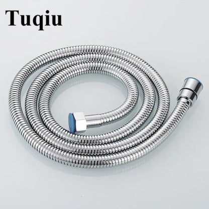 Tuqiu gold flexible stainless steel shower hose with chrome finish ribbed metal construction and blue-tipped connectors