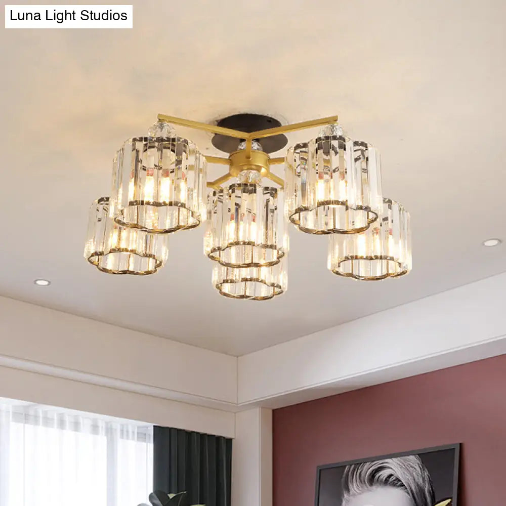 DecorBites™ DecorBites™ Gold Floral Cylinder Crystal Guest Room Semi Flush Ceiling Fixture (4/6/7-Light) - Minimalist Design