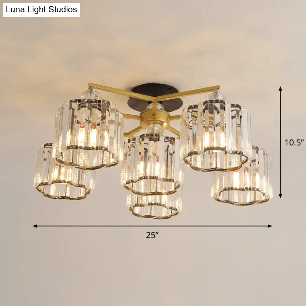 DecorBites™ DecorBites™ Gold Floral Cylinder Crystal Guest Room Semi Flush Ceiling Fixture (4/6/7-Light) - Minimalist Design