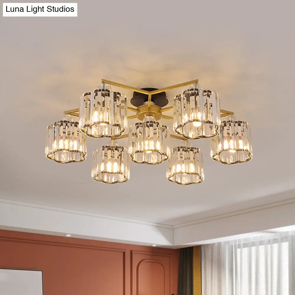 DecorBites™ DecorBites™ Gold Floral Cylinder Crystal Guest Room Semi Flush Ceiling Fixture (4/6/7-Light) - Minimalist Design