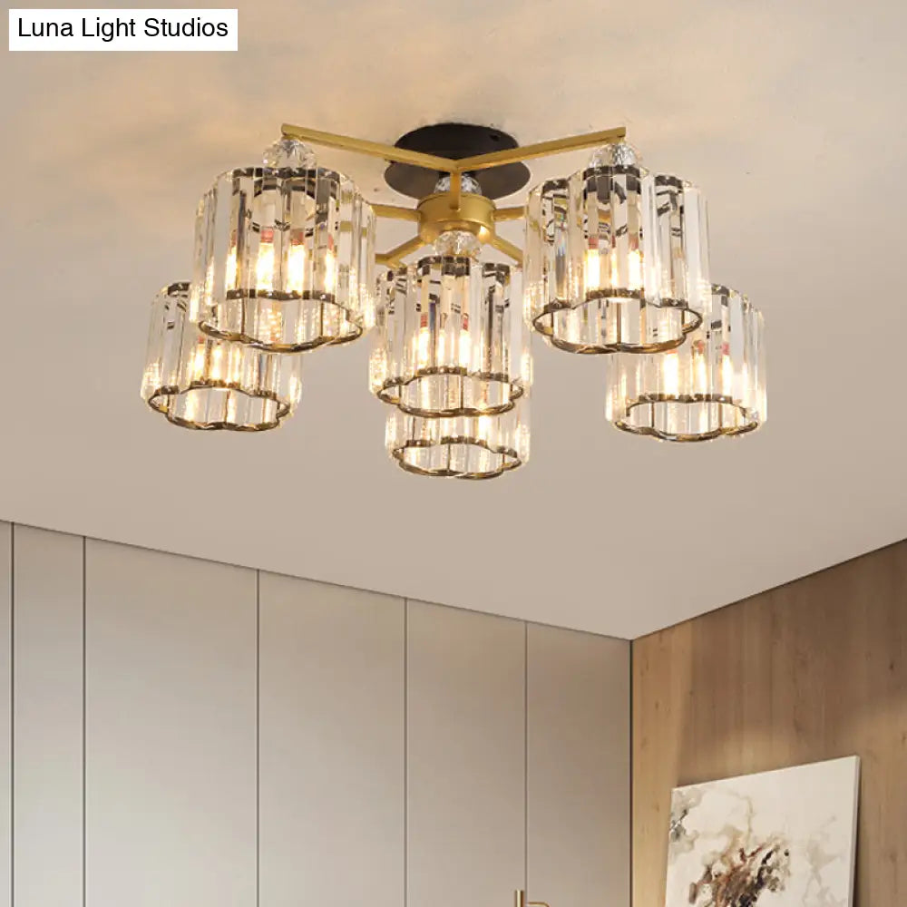 DecorBites™ DecorBites™ Gold Floral Cylinder Crystal Guest Room Semi Flush Ceiling Fixture (4/6/7-Light) - Minimalist Design