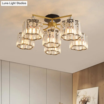 DecorBites™ DecorBites™ Gold Floral Cylinder Crystal Guest Room Semi Flush Ceiling Fixture (4/6/7-Light) - Minimalist Design