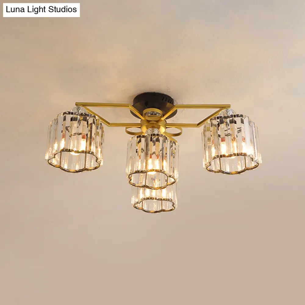 DecorBites™ DecorBites™ Gold Floral Cylinder Crystal Guest Room Semi Flush Ceiling Fixture (4/6/7-Light) - Minimalist Design