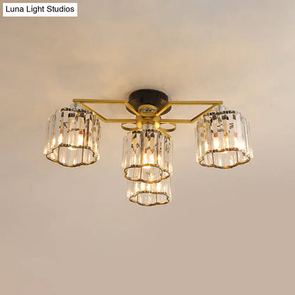 DecorBites™ DecorBites™ Gold Floral Cylinder Crystal Guest Room Semi Flush Ceiling Fixture (4/6/7-Light) - Minimalist Design