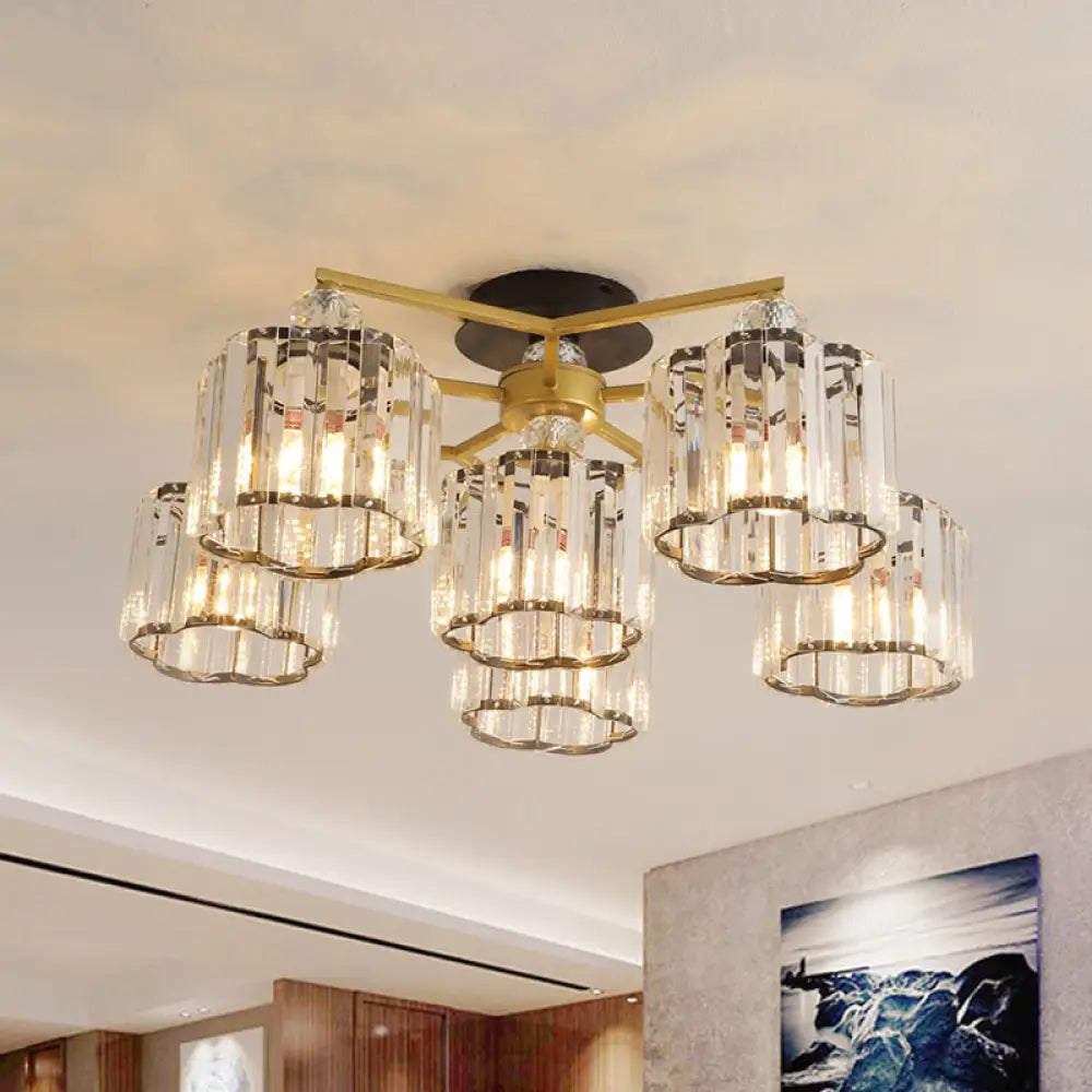 DecorBites™ DecorBites™ Gold Floral Cylinder Crystal Guest Room Semi Flush Ceiling Fixture (4/6/7-Light) - Minimalist Design