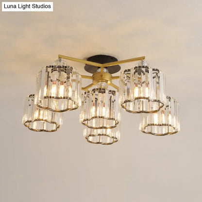 DecorBites™ DecorBites™ Gold Floral Cylinder Crystal Guest Room Semi Flush Ceiling Fixture (4/6/7-Light) - Minimalist Design