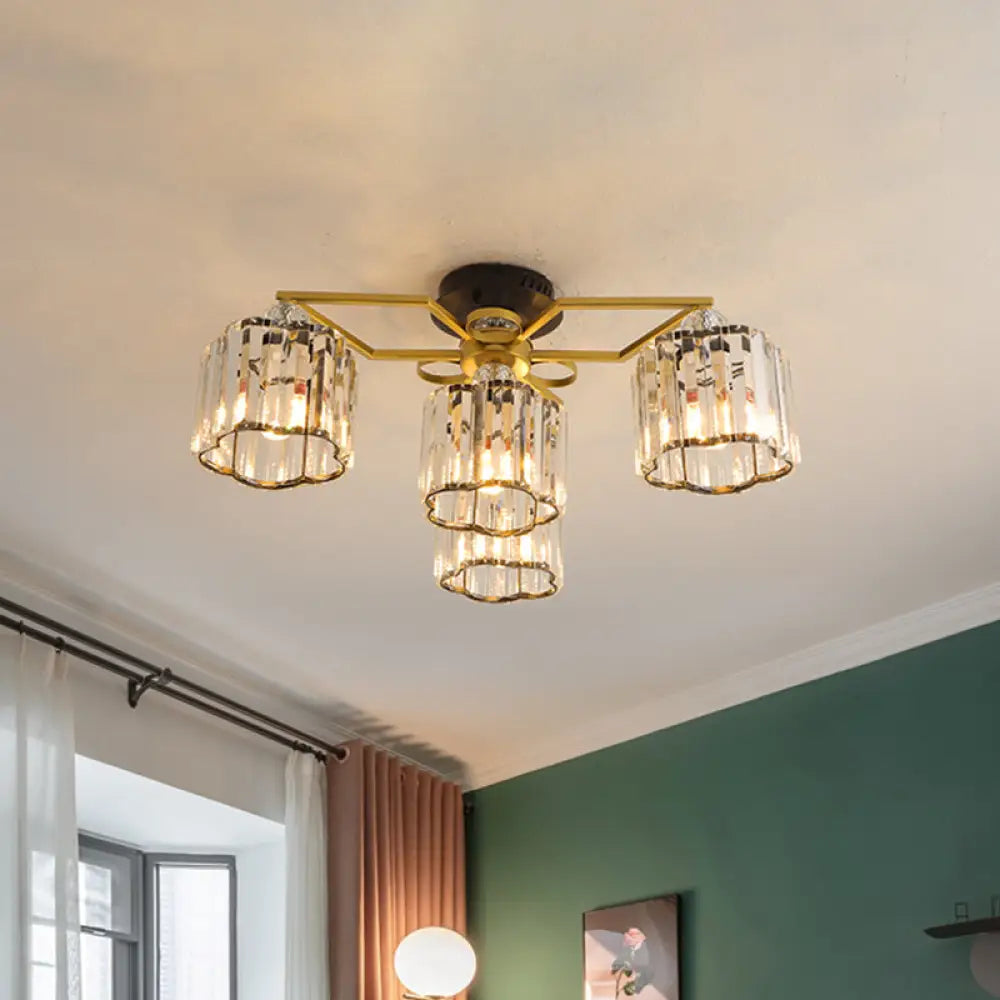 DecorBites™ DecorBites™ Gold Floral Cylinder Crystal Guest Room Semi Flush Ceiling Fixture (4/6/7-Light) - Minimalist Design