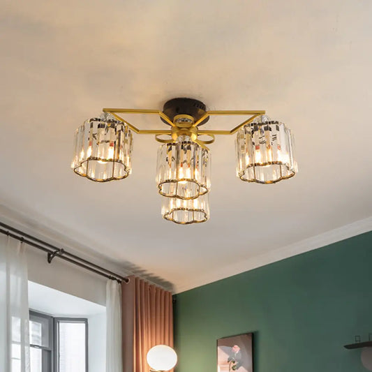 DecorBites™ DecorBites™ Gold Floral Cylinder Crystal Guest Room Semi Flush Ceiling Fixture (4/6/7-Light) - Minimalist Design