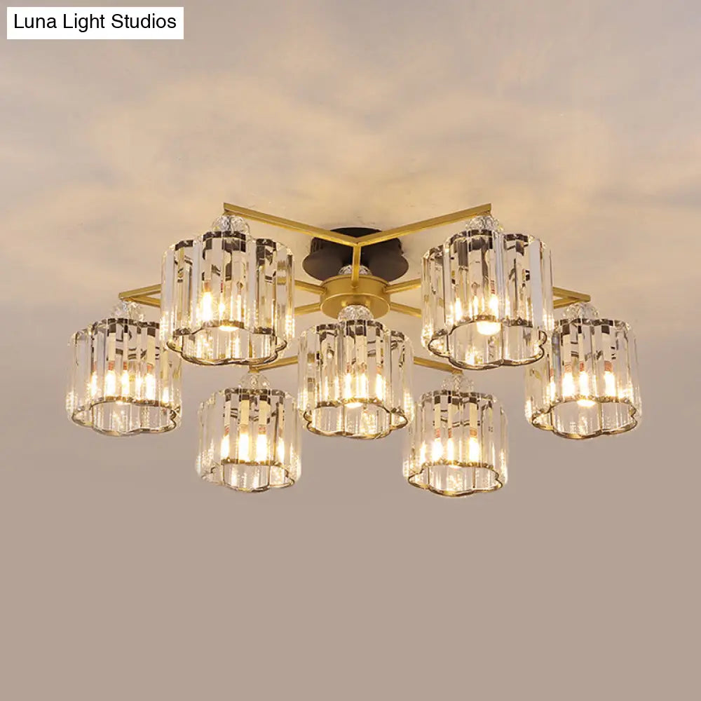 DecorBites™ DecorBites™ Gold Floral Cylinder Crystal Guest Room Semi Flush Ceiling Fixture (4/6/7-Light) - Minimalist Design