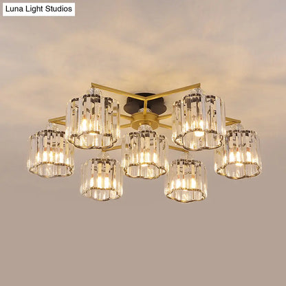 DecorBites™ DecorBites™ Gold Floral Cylinder Crystal Guest Room Semi Flush Ceiling Fixture (4/6/7-Light) - Minimalist Design