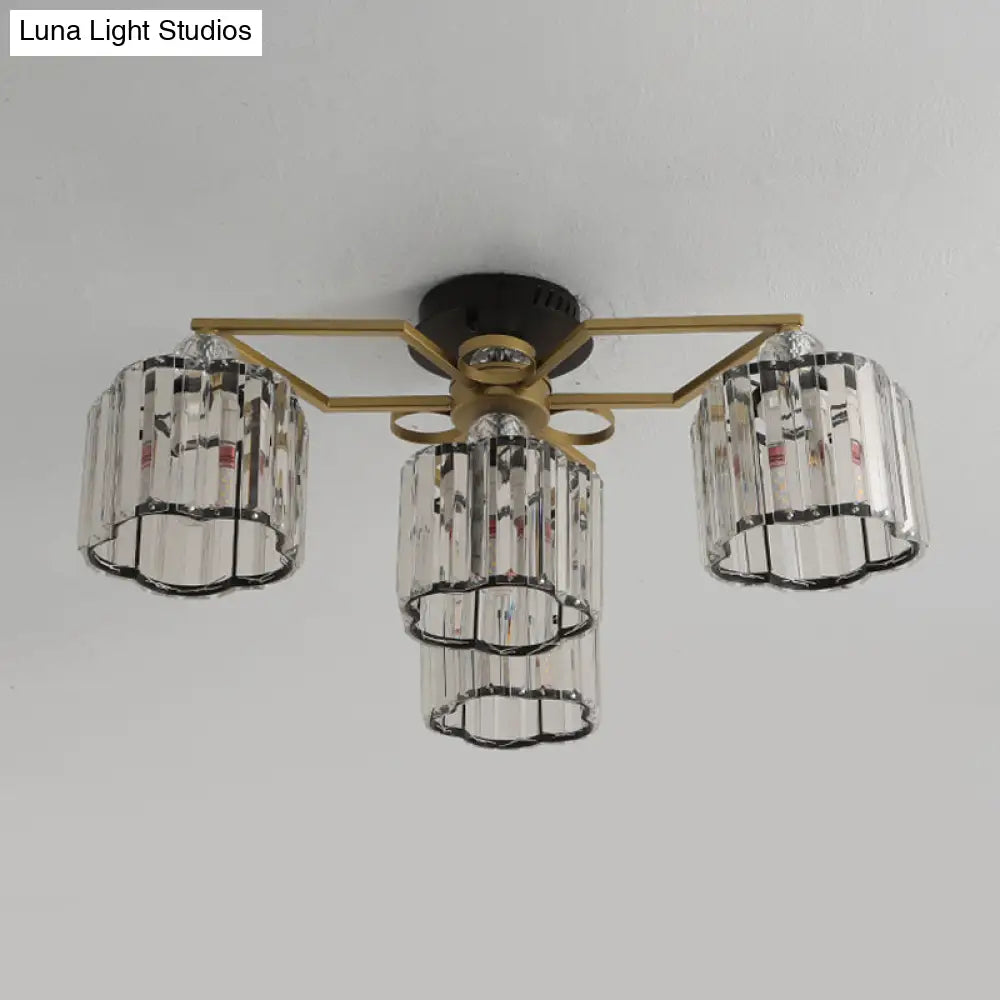 DecorBites™ DecorBites™ Gold Floral Cylinder Crystal Guest Room Semi Flush Ceiling Fixture (4/6/7-Light) - Minimalist Design