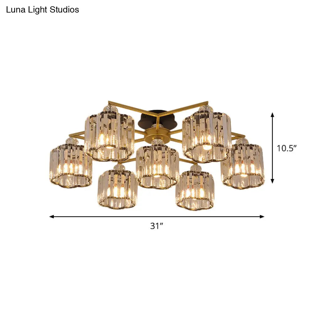 DecorBites™ DecorBites™ Gold Floral Cylinder Crystal Guest Room Semi Flush Ceiling Fixture (4/6/7-Light) - Minimalist Design