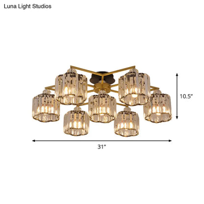 DecorBites™ DecorBites™ Gold Floral Cylinder Crystal Guest Room Semi Flush Ceiling Fixture (4/6/7-Light) - Minimalist Design