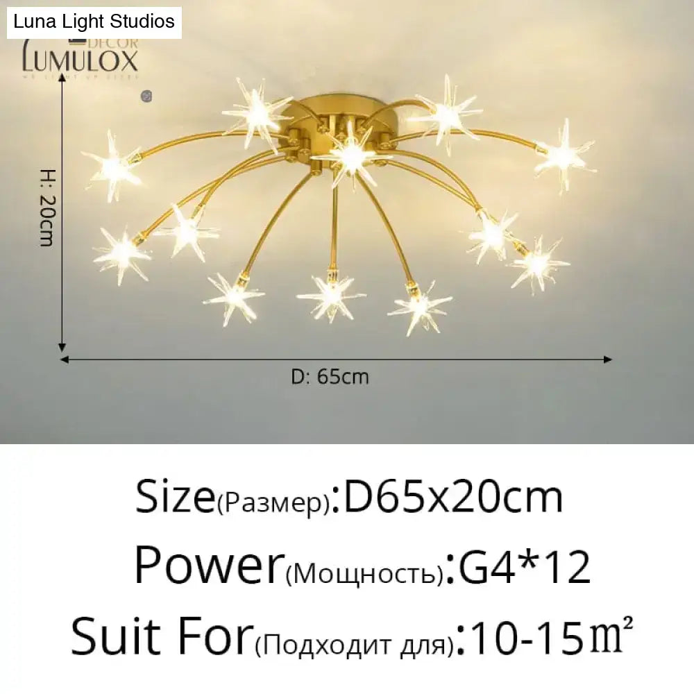 Gold-colored starburst ceiling light with twelve g4 bulbs in decorbites™ glory led flowers chandeliers for hotel lobby use