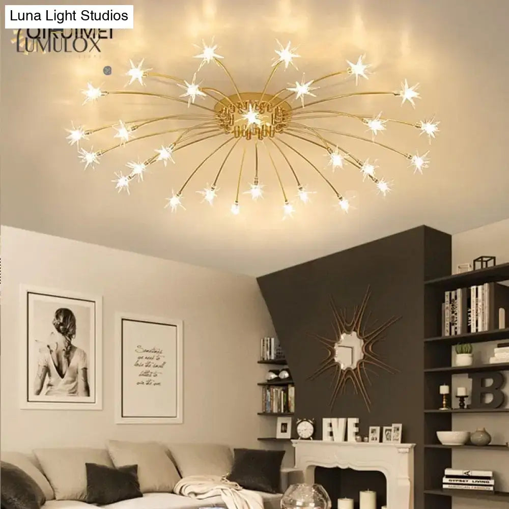 Gold-colored led flowers chandeliers with multiple illuminated starburst bulbs designed for hotel lobby lighting
