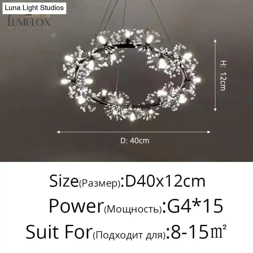 A modern oval black metal led flowers chandelier with sparkling crystal flowers and embedded LED lights for hotel lobby