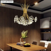 Gold-toned led flowers chandeliers with delicate dandelion floral designs and white crystal accents ideal for hotel lobby lighting