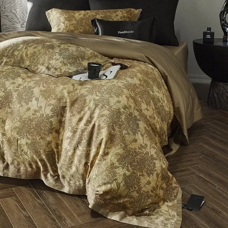Luxurious gold floral satin cotton bedding set with intricate pattern and solid beige bedsheet for elegant bedroom decor