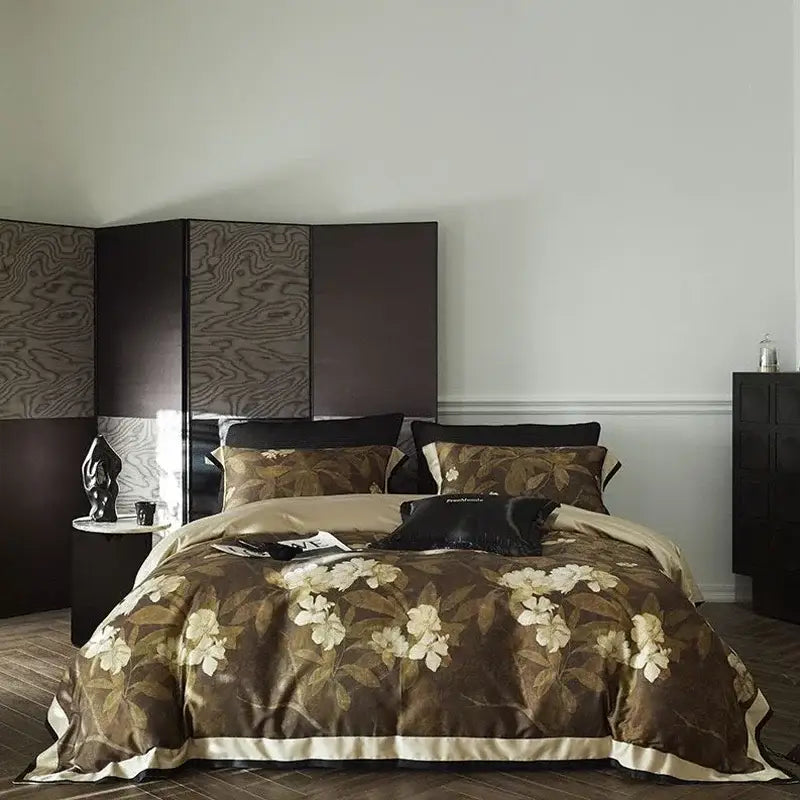 Brown floral cotton bedding set with cream flowers and satin trim from decorbites cotton bedding collection