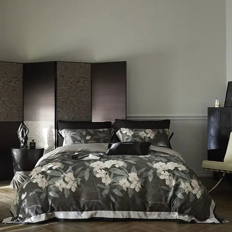 Dark gray satin cotton bedding set with white silver floral pattern and crisp white trim by decorbites cotton bedding