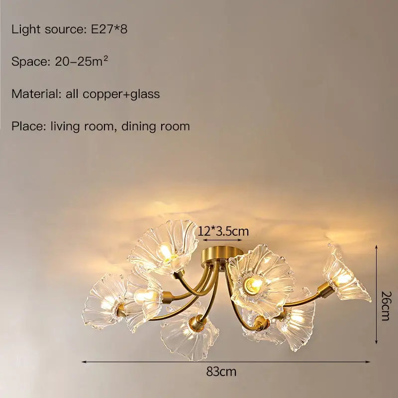 Gold flower chandelier ceiling light with eight illuminated clear glass petals and brass frame for bedroom use