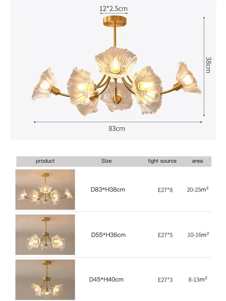 Gold flower chandelier ceiling light with five translucent glass petals in a gold-toned glass flower chandelier design