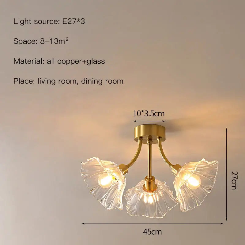 Gold flower chandelier ceiling light featuring gold-toned copper and translucent glass flower chandelier petals