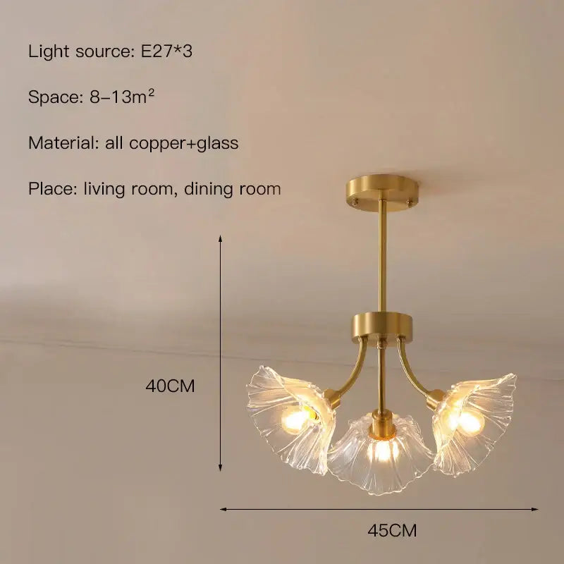 Gold flower chandelier ceiling light with gold-toned copper frame and three frosted glass petals glass flower chandelier