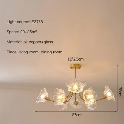 Gold-toned copper glass flower chandelier with eight clear glass petals for bedroom chandelier ceiling light