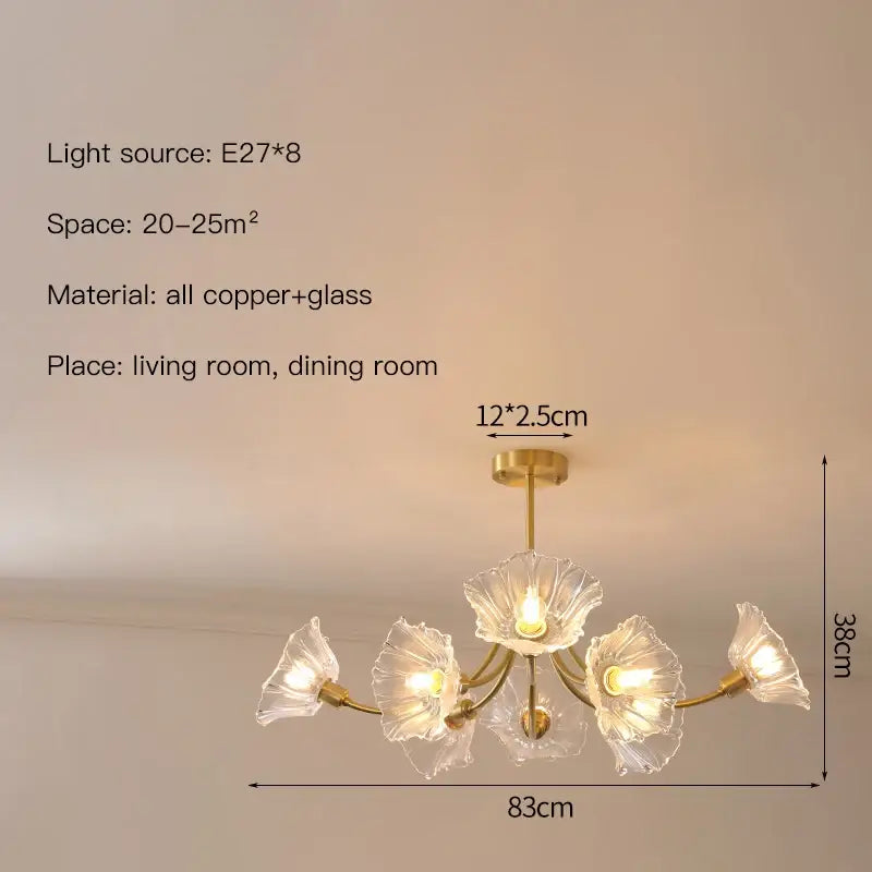 Gold-toned copper glass flower chandelier with eight clear glass petals for bedroom chandelier ceiling light