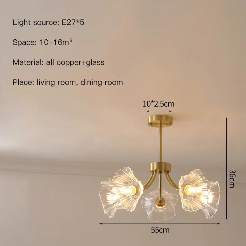 Gold flower chandelier ceiling light in gold-toned copper with three delicate glass petals for bedroom decor