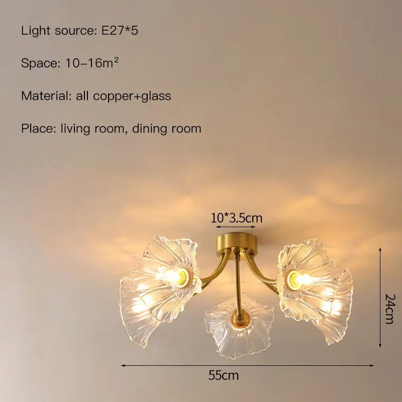 Gold-toned copper glass flower chandelier with three petal-shaped frosted glass shades for bedroom ceiling light