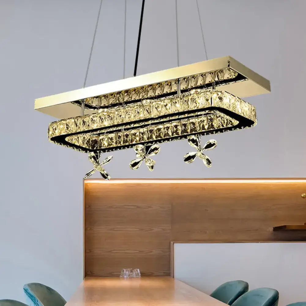 DecorBites™ rectangular gold-toned LED island light with layered crystal panels and flower deco ornaments