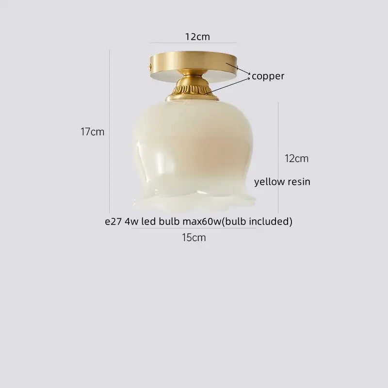 Gold flower frosted glass ceiling lamp with polished copper fixture and yellow resin shade for decorbites cotton shape LED use
