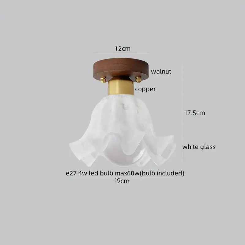 Delicate white glass ceiling lamp with walnut wooden base and copper accents perfect for decorbites cotton shape decor