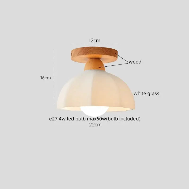 Minimalist ceiling lamp with warm wooden base and translucent white glass dome for decorbites cotton shape led lighting