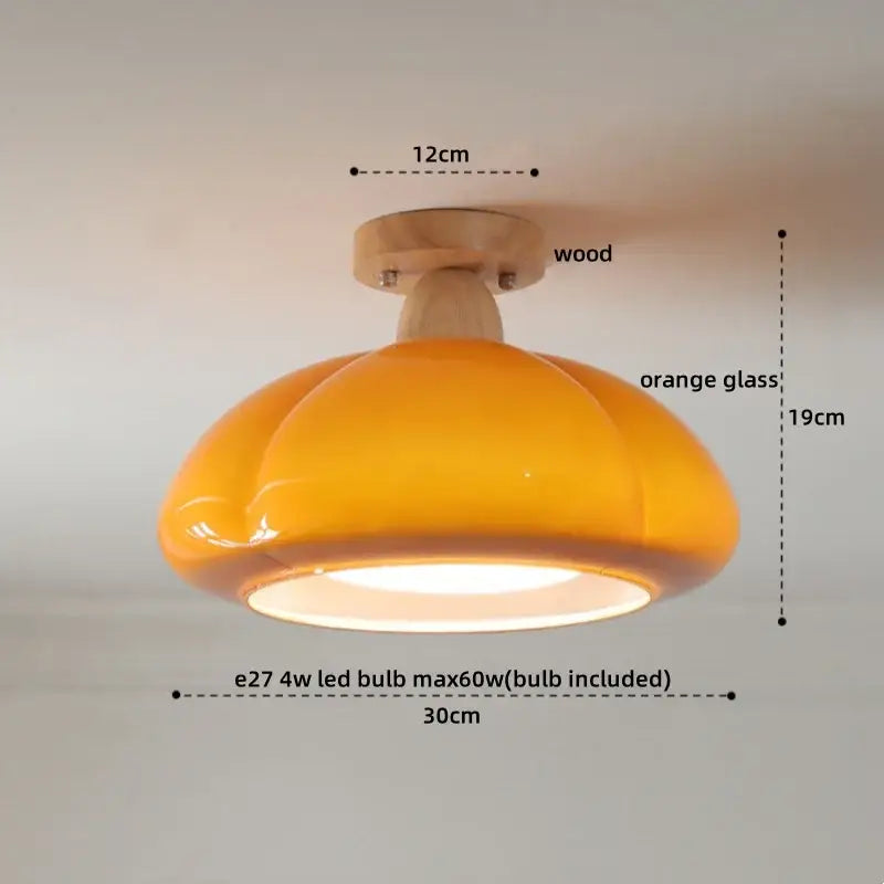 Orange glass mushroom-shaped ceiling lamp with wooden base for hallway decorbites cotton shape led lighting