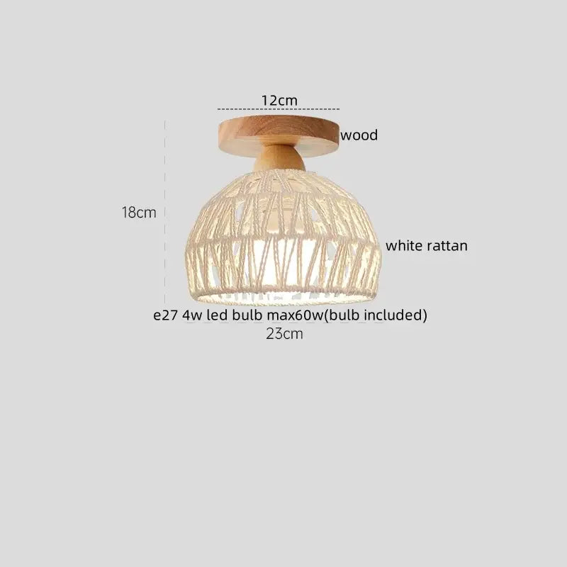 Gold flower frosted glass ceiling lamp with rustic natural wood base and intricate white rattan shade for decorbites cotton shape led lighting