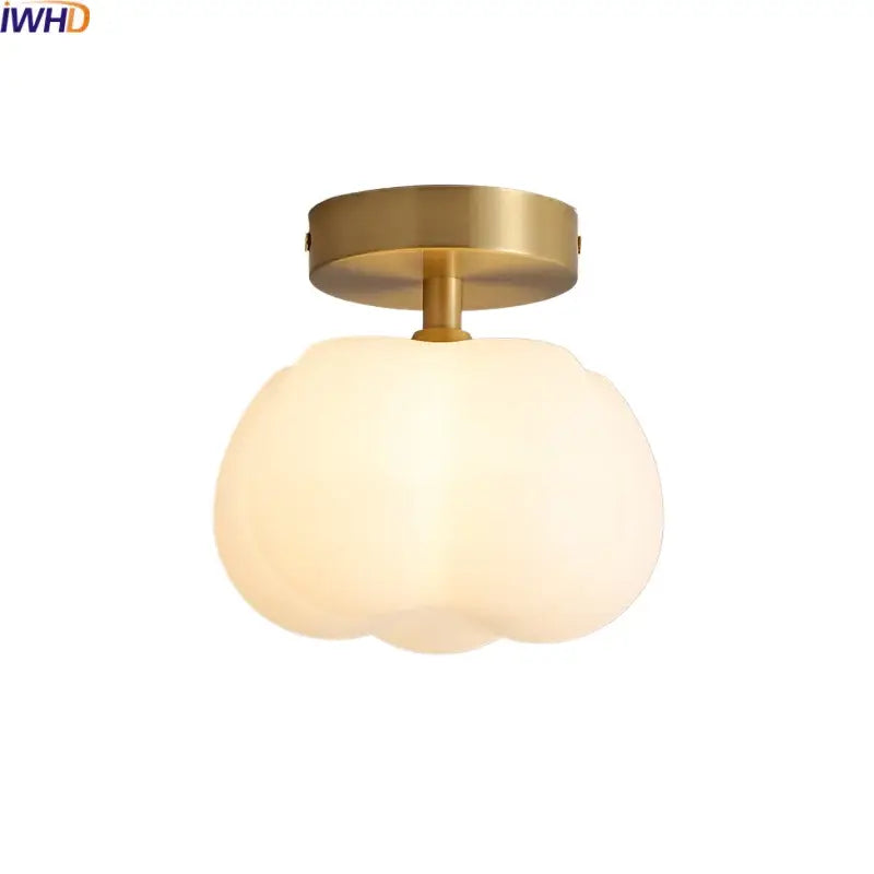 Gold-toned ceiling lamp with a frosted glass cotton shape led shade resembling a blooming flower for hallway decorbites