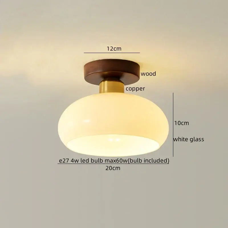Gold flower frosted glass ceiling lamp with round white shade copper stem and dark wood base for hallway decorbites cotton shape